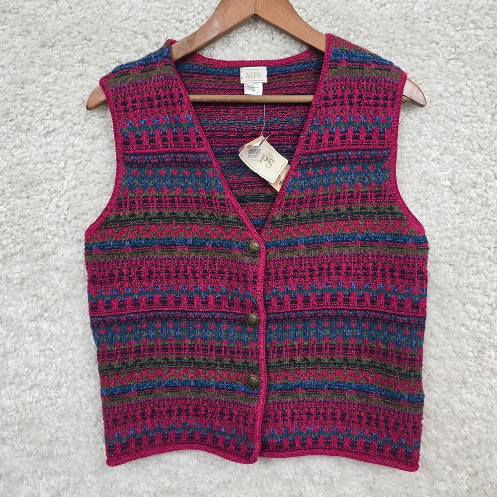 Alps‎ Knit Sweater Vest Women Medium Sangria Pink Geometric Button Front Boho